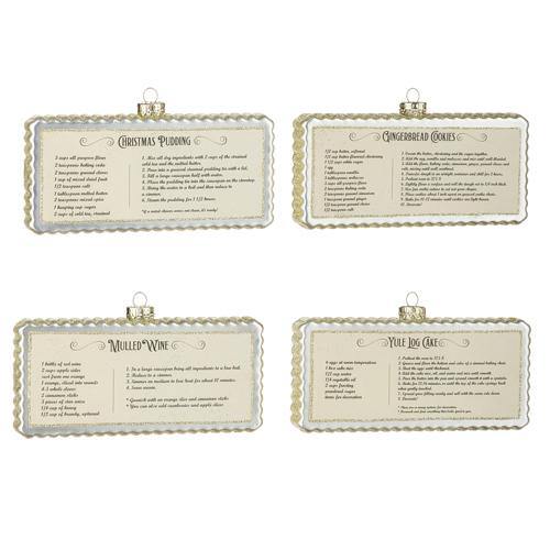 Four rectangular ivory glass ornaments are featured on a white background. The ornaments feature four holiday recipes: Christmas Pudding, Gingerbread Cookies, Mulled Wine, and Yule Log Cake