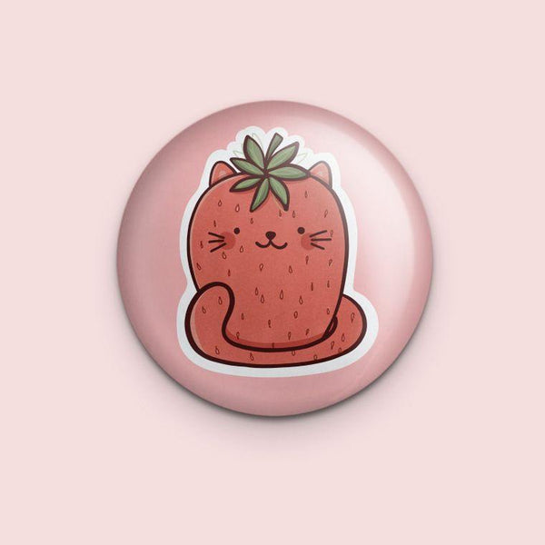 Strawpurry Cat Pun Strawberry Pin Back Button - The Curated Squirrel