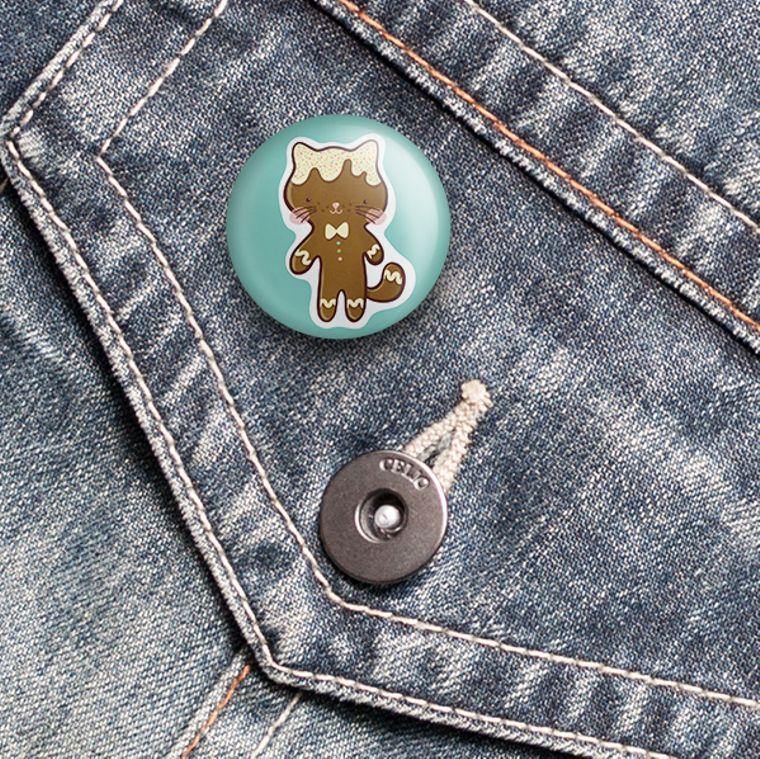 Gingerbread Cat Christmas Pin Back Button - The Curated Squirrel